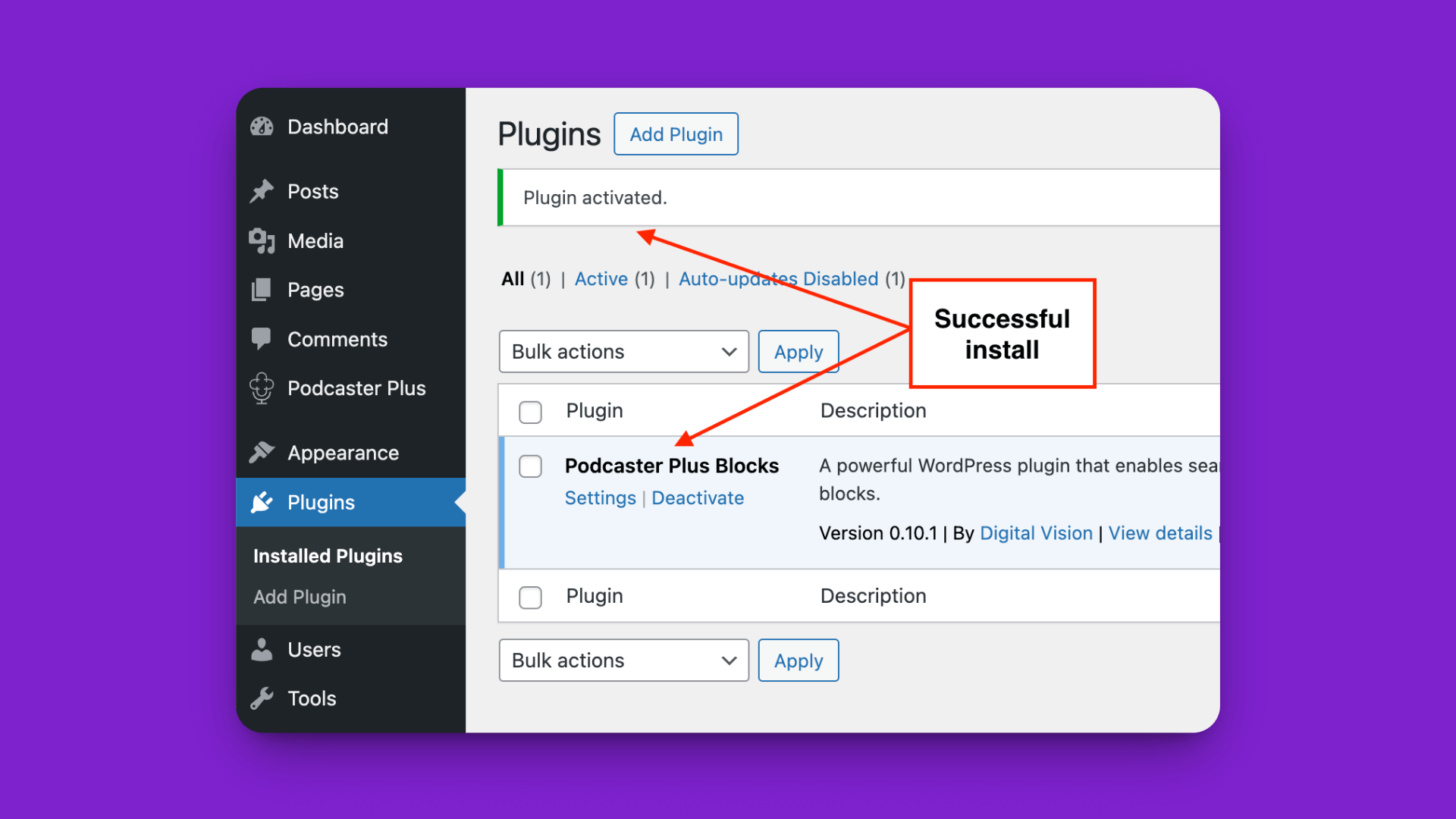 pp successful install WordPress plugin stalled screen, successful install