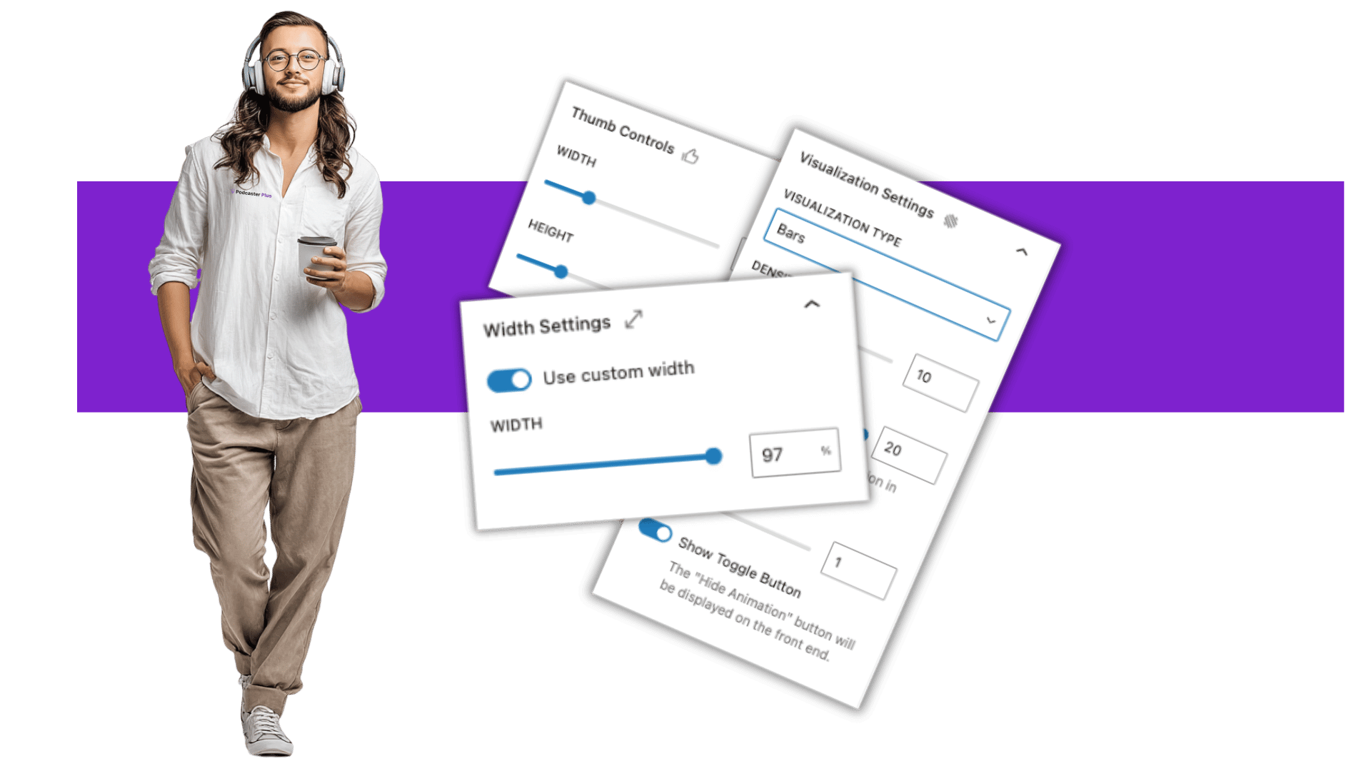 Podcaster Plus Blocks - fully customizable blocks A person stood with a coffee next to screenshots of the Podcaster Plus Blocks block settings