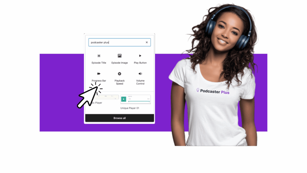 A podcaster standing next to examples of the Podcaster Plus Blocks select a block setting