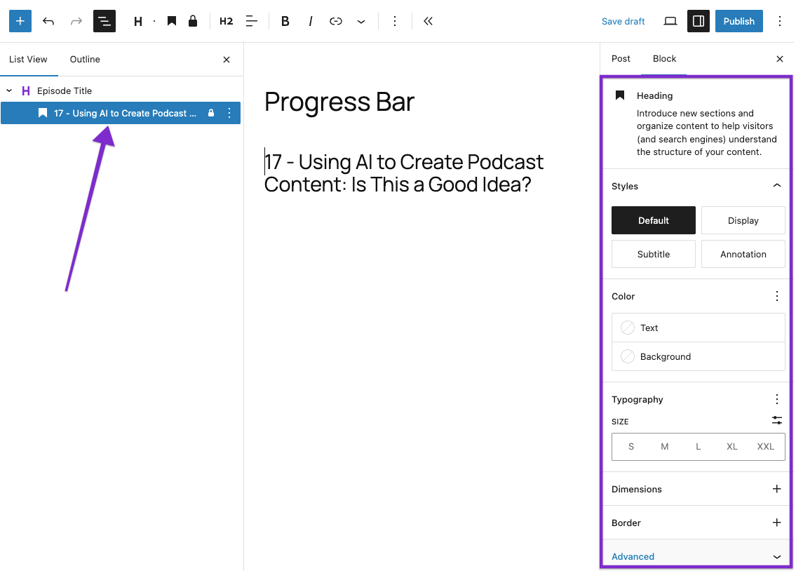 Settings for the WordPress Heading block