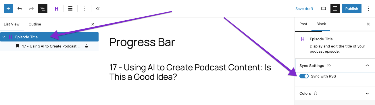 RSS feed sync option for the Episode Title block