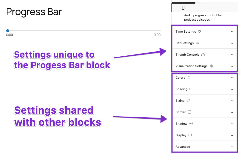 Where to find the Progress Bar Block settings Where to find the Progress Bar Block settings