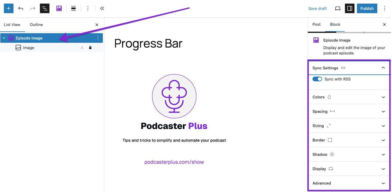 Podcaster Plus Image block settings