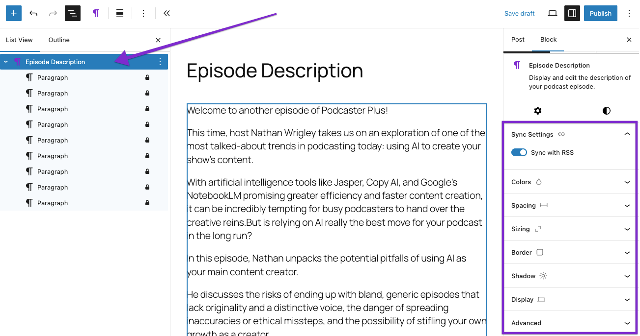 Podcaster Plus Episode Description block settings Podcaster Plus Episode Description block settings