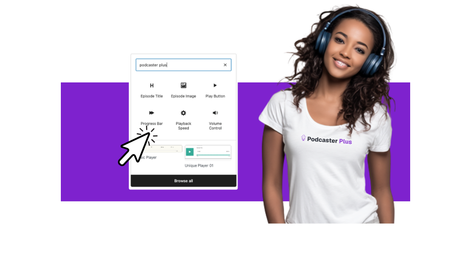 A podcaster standing next to examples of the PodcasterPlus Blocks select a block setting